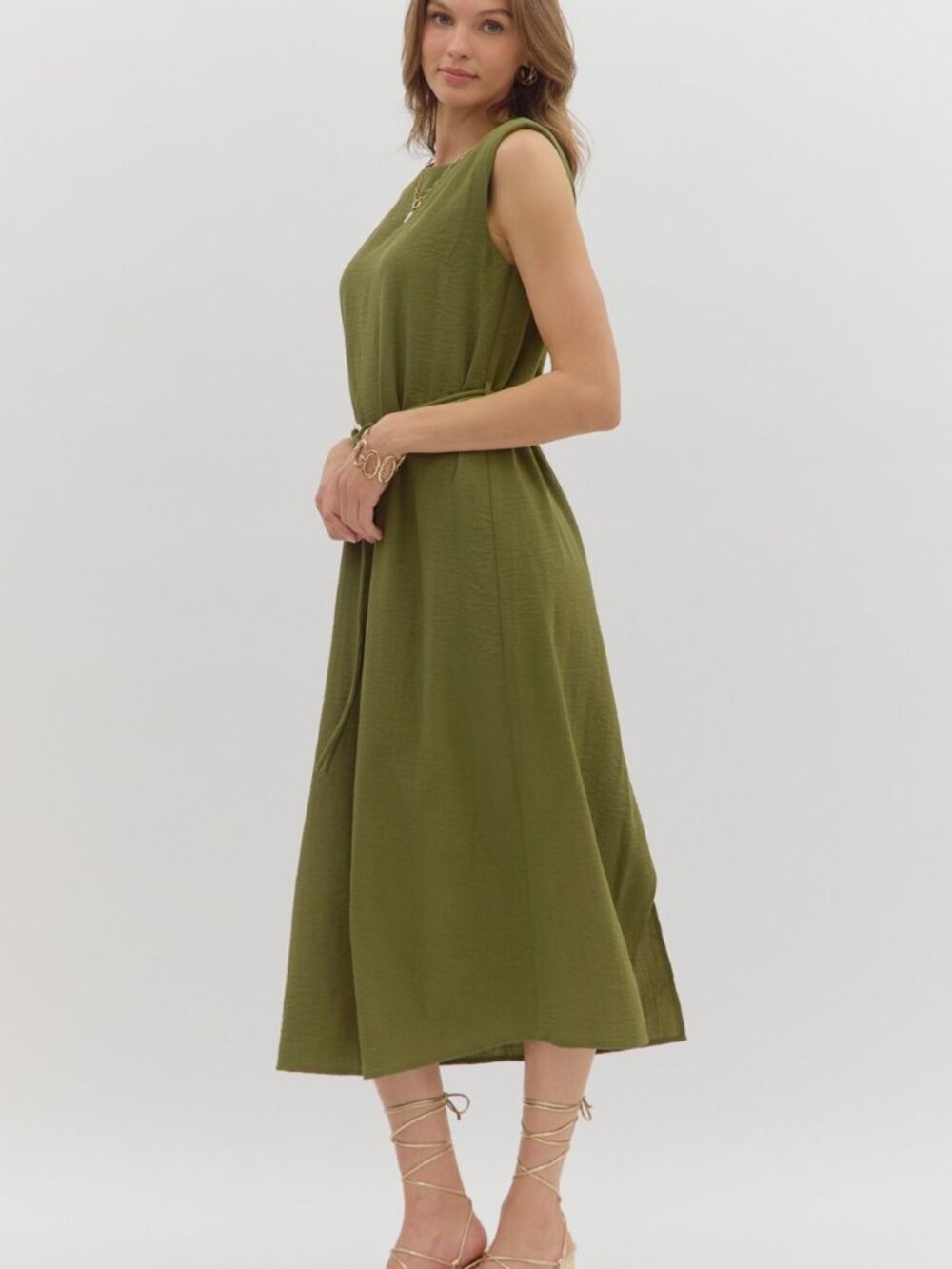 Sage Belted Midi Dress - Picture 2 of 7